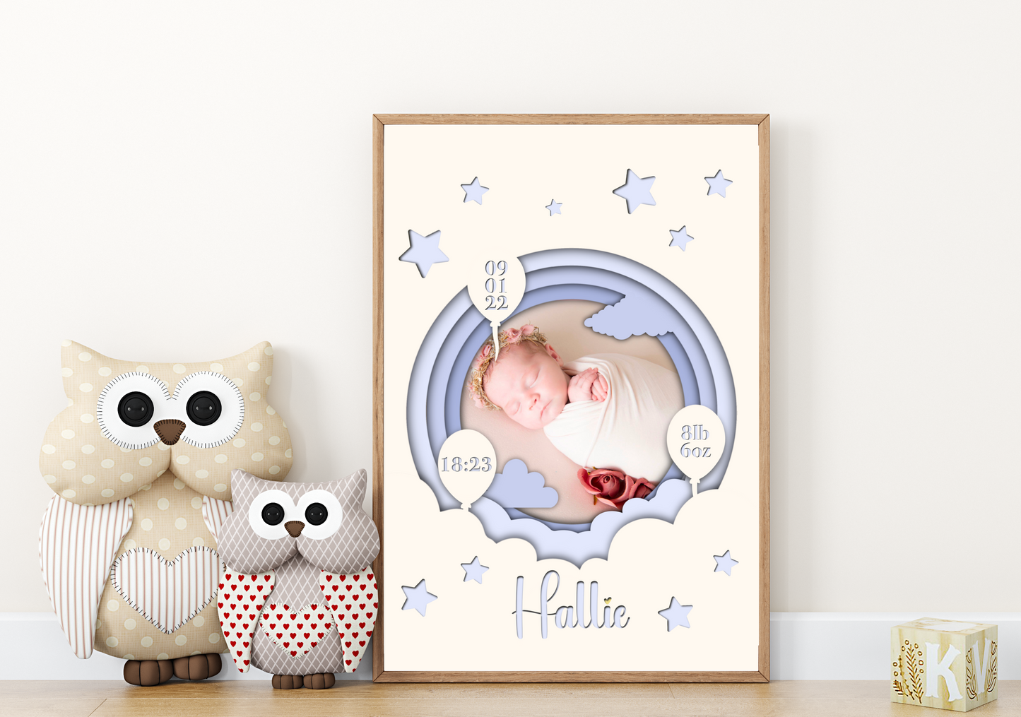 A heartwarming print featuring a custom photo of a newborn baby, surrounded by delicate pastel colors. The baby's name, date of birth, weight, and time of arrival are beautifully displayed beneath the photo. The print is elegantly framed and ready to be cherished as a special keepsake.