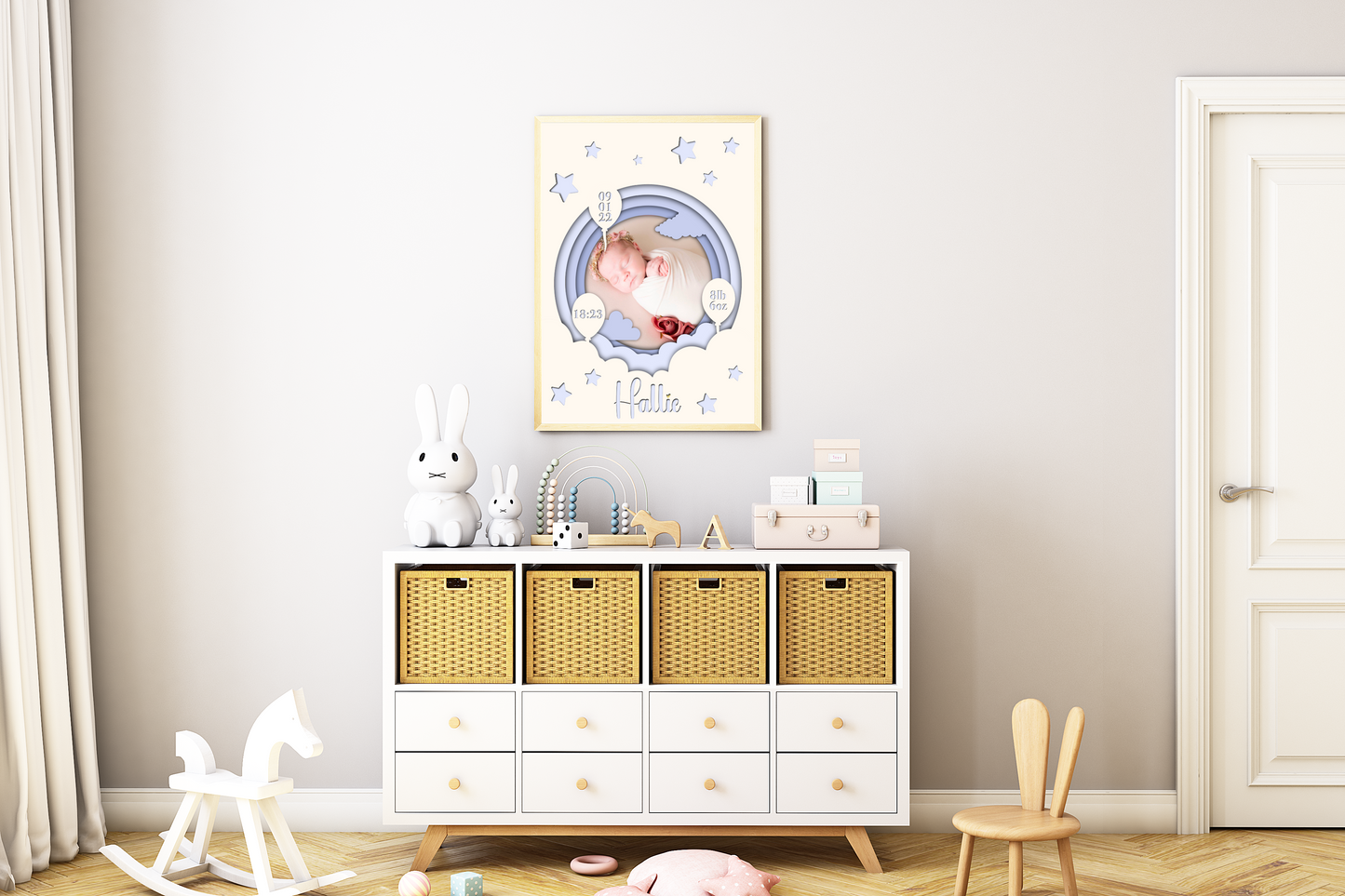 A heartwarming print featuring a custom photo of a newborn baby, surrounded by delicate pastel colors. The baby's name, date of birth, weight, and time of arrival are beautifully displayed beneath the photo. The print is elegantly framed and ready to be cherished as a special keepsake.