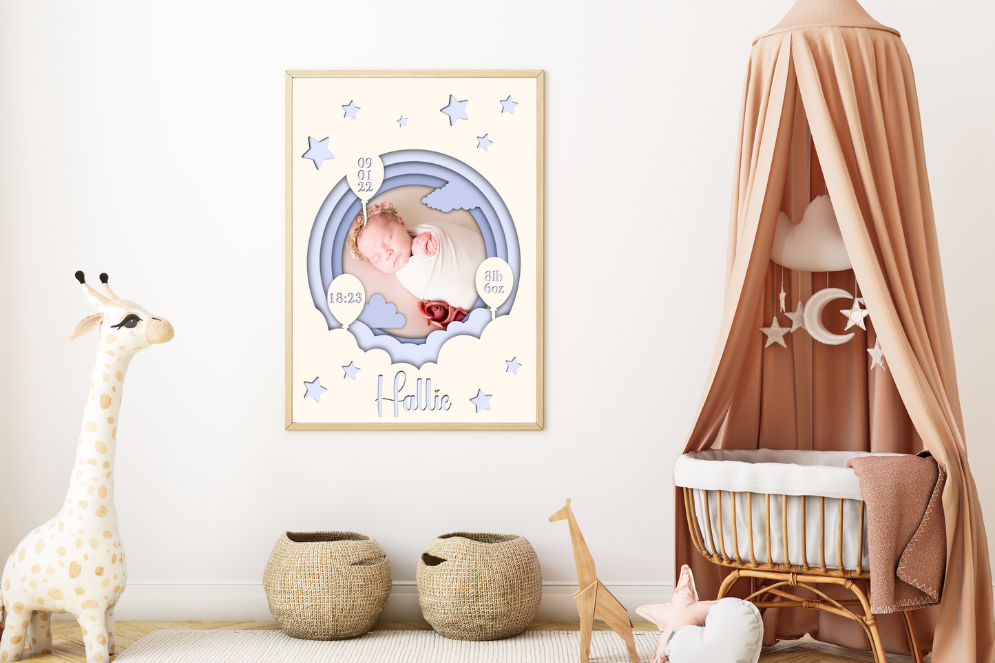 A heartwarming print featuring a custom photo of a newborn baby, surrounded by delicate pastel colors. The baby's name, date of birth, weight, and time of arrival are beautifully displayed beneath the photo. The print is elegantly framed and ready to be cherished as a special keepsake.