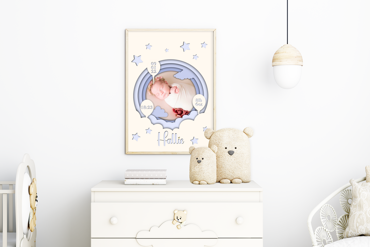 A heartwarming print featuring a custom photo of a newborn baby, surrounded by delicate pastel colors. The baby's name, date of birth, weight, and time of arrival are beautifully displayed beneath the photo. The print is elegantly framed and ready to be cherished as a special keepsake.