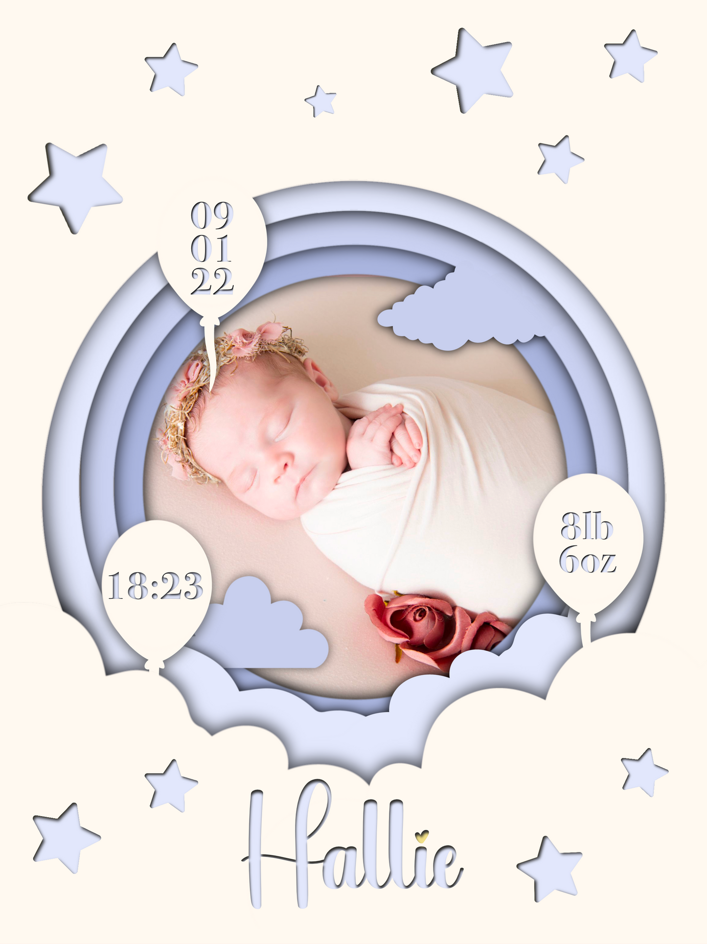 A heartwarming print featuring a custom photo of a newborn baby, surrounded by delicate pastel colors. The baby's name, date of birth, weight, and time of arrival are beautifully displayed beneath the photo. The print is elegantly framed and ready to be cherished as a special keepsake.