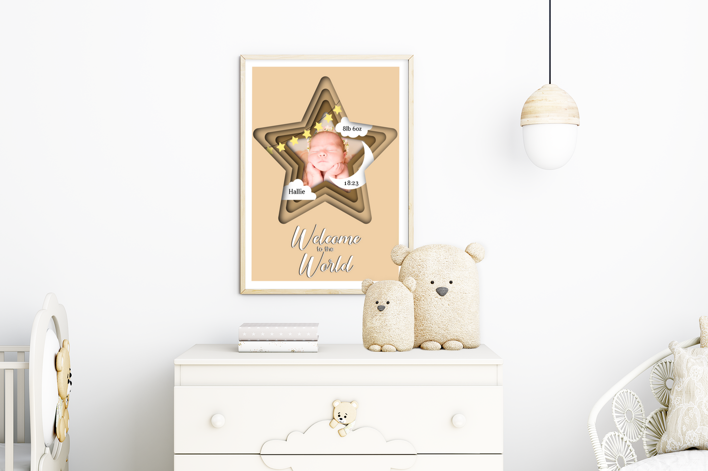 A heartwarming print featuring a custom photo of a newborn baby, surrounded by delicate pastel colors. The baby's name, date of birth, weight, and time of arrival are beautifully displayed beneath the photo. The print is elegantly framed and ready to be cherished as a special keepsake.