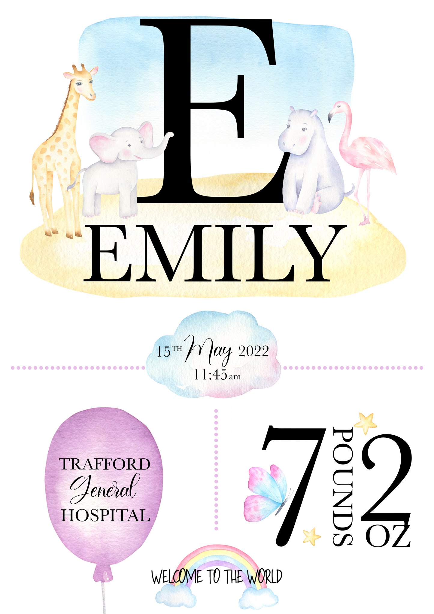 A delightful personalised newborn print celebrating the arrival of a precious bundle of joy. The print features a charming design. In the centre, the baby's name, takes pride of place in elegant typography. Surrounding the name are details of the birth, including the weight at birth, the time of birth , and the special location of birth. Adorned with whimsical illustrations, and baby essentials, this keepsake captures the enchanting moment of a new life entering the world.