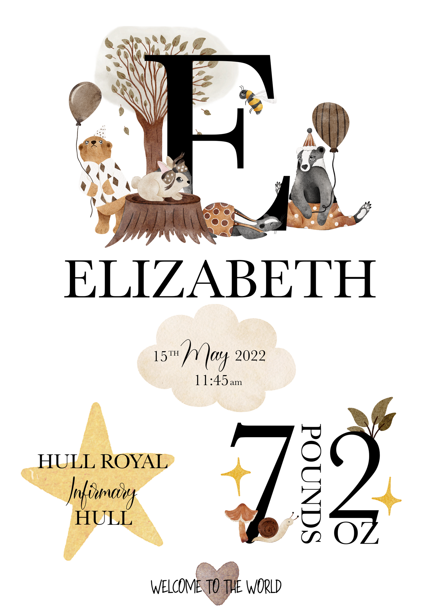 A delightful personalised newborn print celebrating the arrival of a precious bundle of joy. The print features a charming design. In the centre, the baby's name, takes pride of place in elegant typography. Surrounding the name are details of the birth, including the weight at birth, the time of birth , and the special location of birth. Adorned with whimsical illustrations, and baby essentials, this keepsake captures the enchanting moment of a new life entering the world.