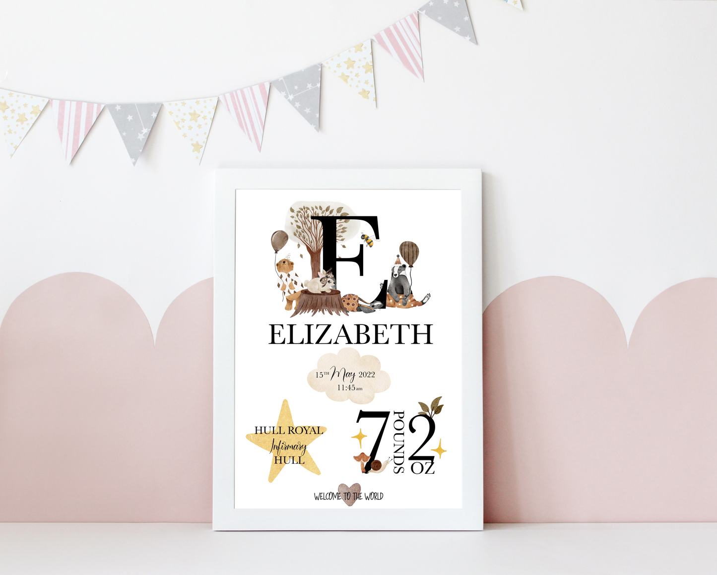 A delightful personalised newborn print celebrating the arrival of a precious bundle of joy. The print features a charming design. In the centre, the baby's name, takes pride of place in elegant typography. Surrounding the name are details of the birth, including the weight at birth, the time of birth , and the special location of birth. Adorned with whimsical illustrations, and baby essentials, this keepsake captures the enchanting moment of a new life entering the world.