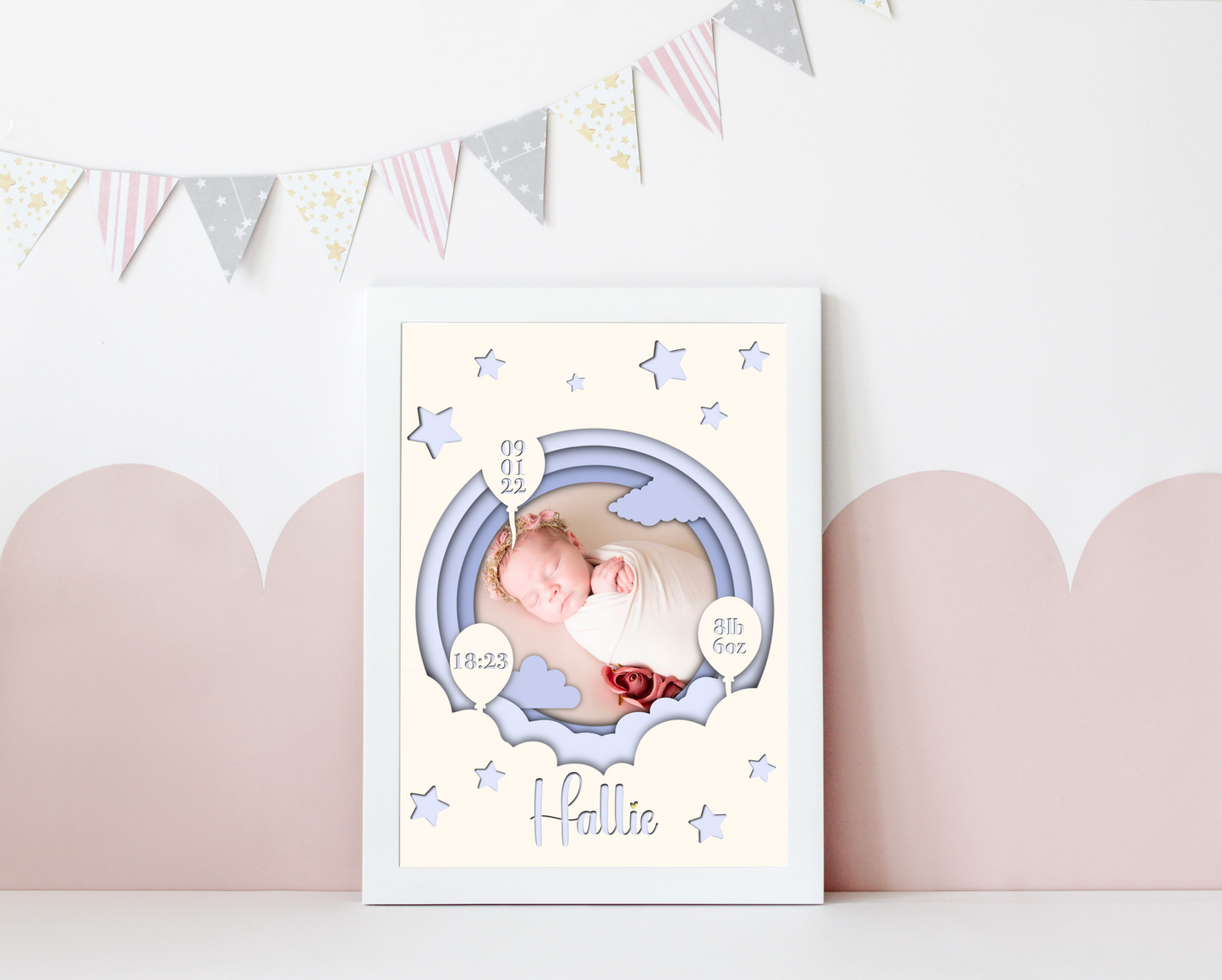 A heartwarming print featuring a custom photo of a newborn baby, surrounded by delicate pastel colors. The baby's name, date of birth, weight, and time of arrival are beautifully displayed beneath the photo. The print is elegantly framed and ready to be cherished as a special keepsake.