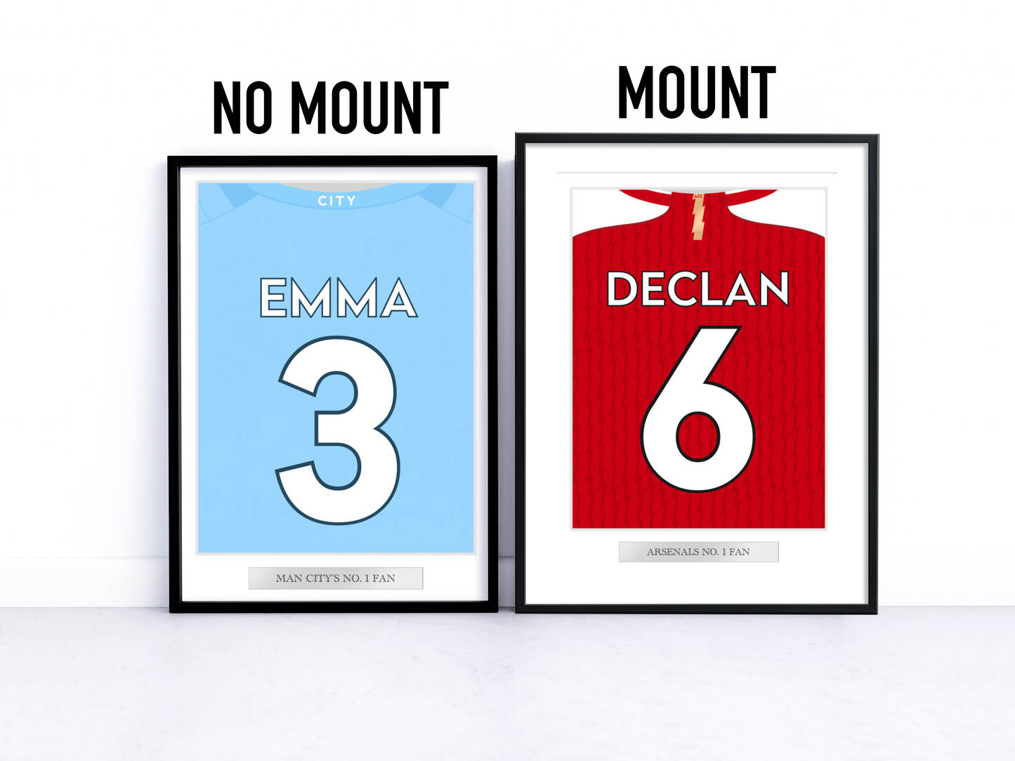 A personalised sports jersey back print hung on a wall in a tastefully decorated room, proudly featuring the team colours and custom name and number. Ideal for enhancing the ambiance in a child's bedroom, man cave, or sports bar