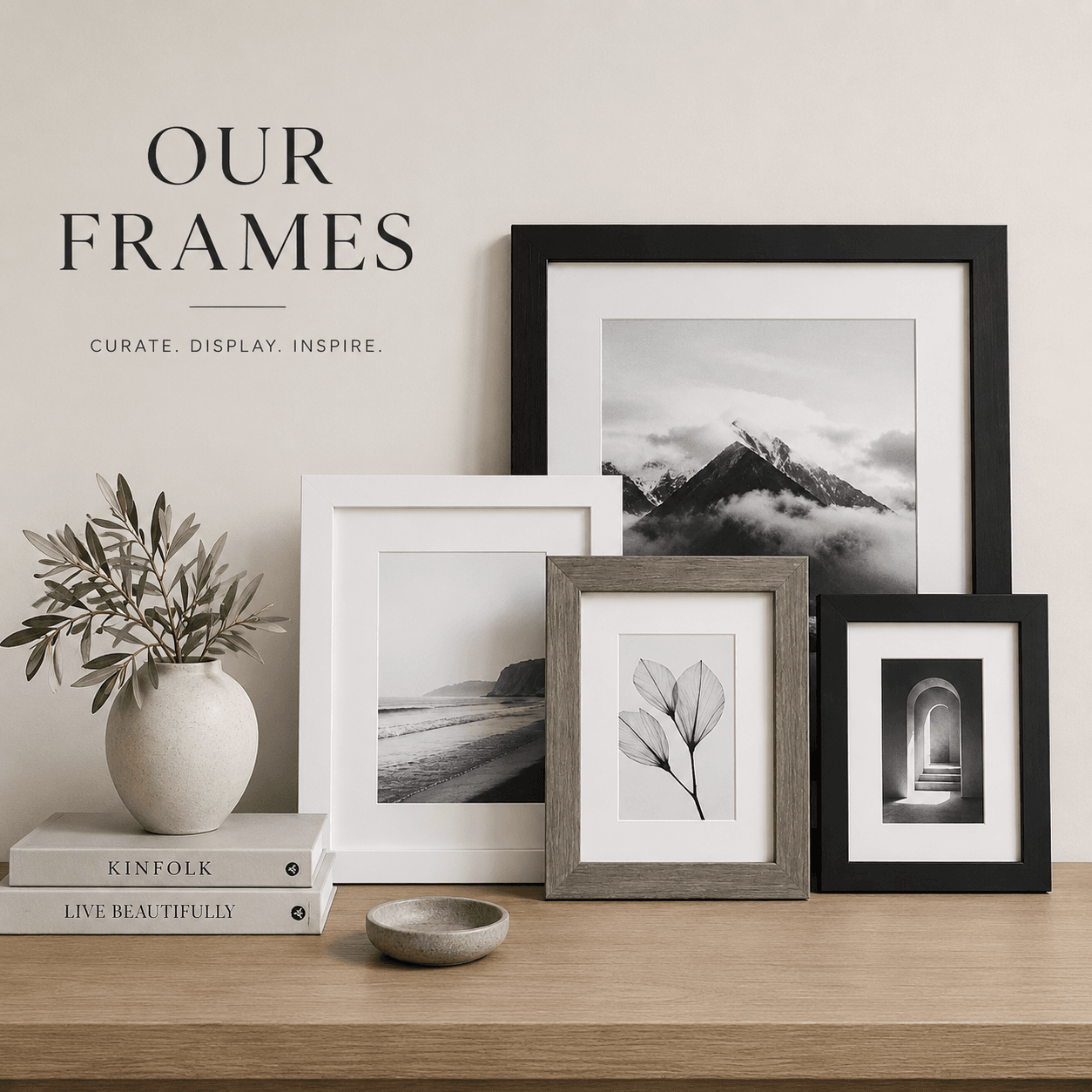 Three framed personalised prints in oak, black and white finishes