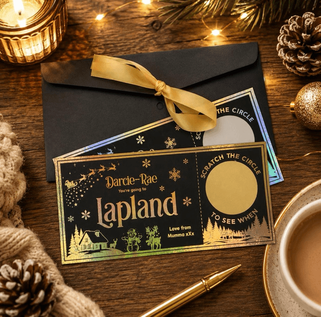Personalised Lapland Foiled Ticket with Scratch Reveal Date