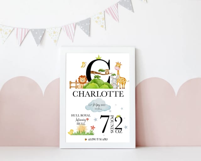 Personalised Newborn Baby Gift With Birth Details - Safari Theme