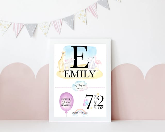 Personalised Newborn Baby Gift With Birth Details - Pastel Safari Theme