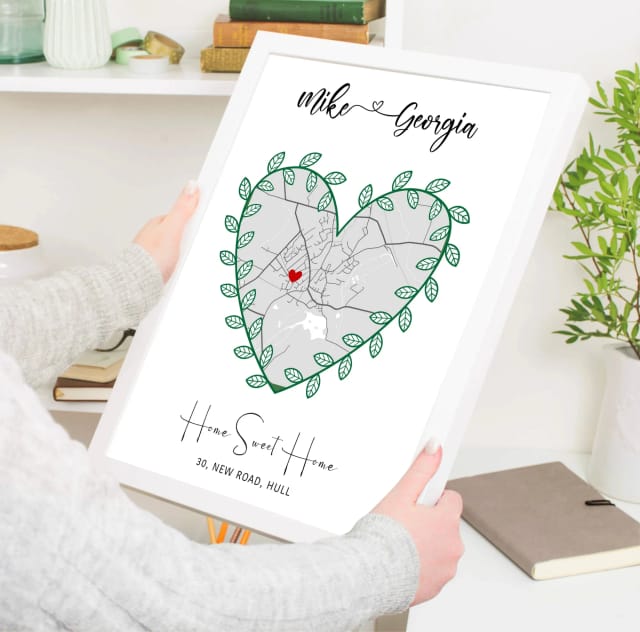 Personalised House Map - Green Leaf Heart Shape