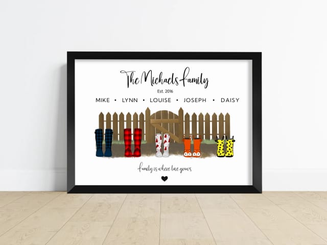 Personalised Welly Boot Family Print - Garden Fence