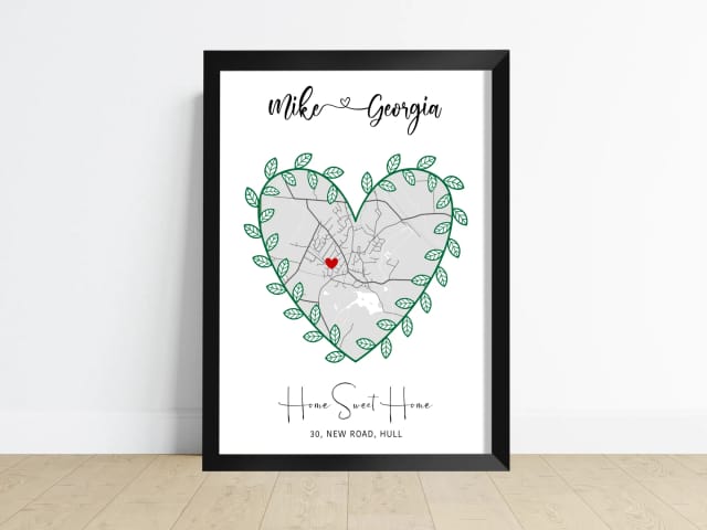 Personalised House Map - Green Leaf Heart Shape