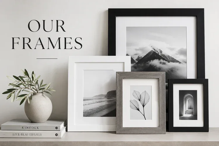 Three framed personalised prints in oak, black and white finishes