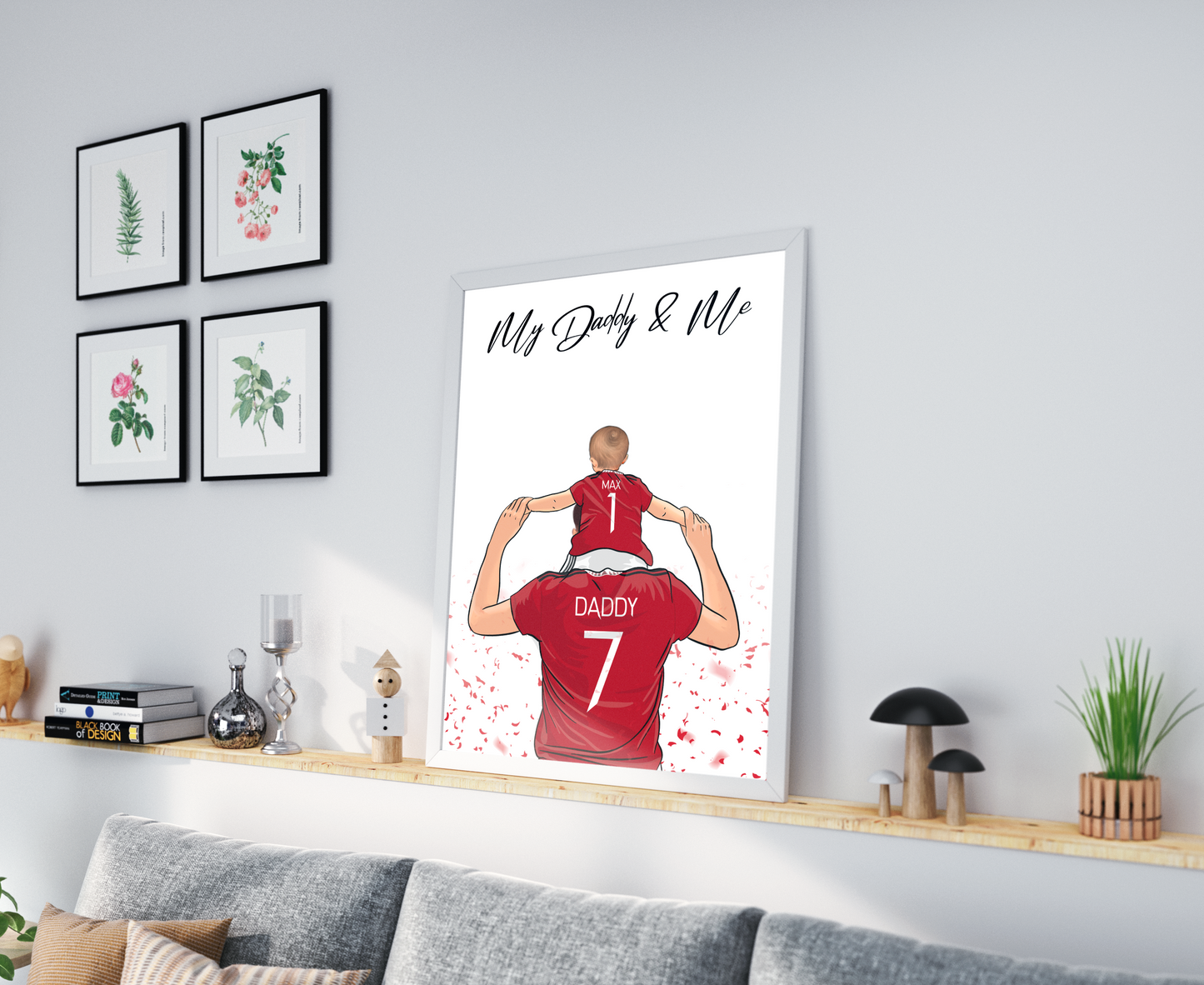 Personalised Father's Day picture featuring a father and child wearing their favorite football shirts. The child is happily perched on the father's shoulders. The football shirts display custom names and numbers, adding a personal touch to the picture. The vibrant colors and attention to detail highlight the love and bond between the father and child, as well as their shared passion for football. This heartwarming picture captures a special moment that will be treasured for years to come.