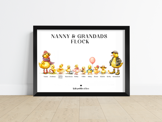 Personalised 'Grandchildren Flock' picture in a black frame, featuring chicks representing grandchildren with customisable names and traits like football and rugby lovers.