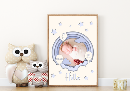  A heartwarming print featuring a custom photo of a newborn baby, surrounded by delicate pastel colors. The baby's name, date of birth, weight, and time of arrival are beautifully displayed beneath the photo. The print is elegantly framed and ready to be cherished as a special keepsake.