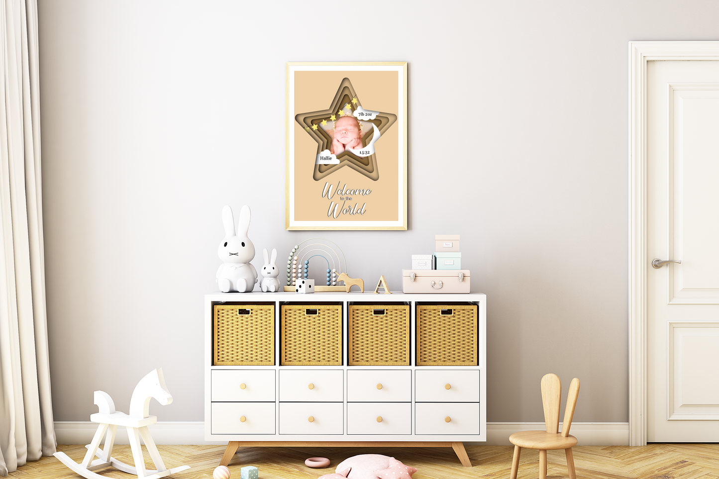  A heartwarming print featuring a custom photo of a newborn baby, surrounded by delicate pastel colors. The baby's name, date of birth, weight, and time of arrival are beautifully displayed beneath the photo. The print is elegantly framed and ready to be cherished as a special keepsake.