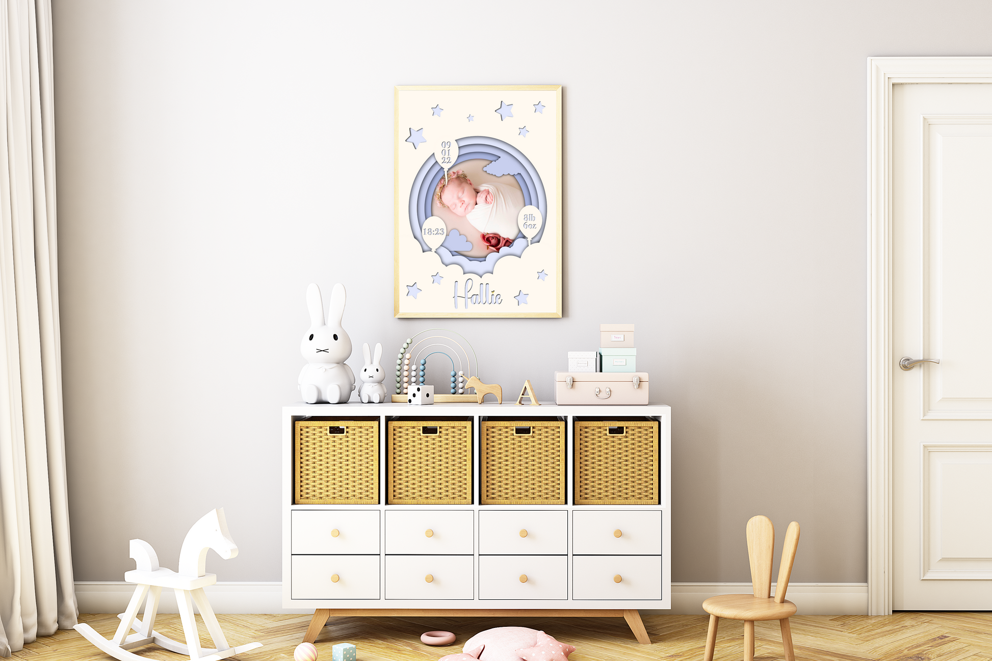  A heartwarming print featuring a custom photo of a newborn baby, surrounded by delicate pastel colors. The baby's name, date of birth, weight, and time of arrival are beautifully displayed beneath the photo. The print is elegantly framed and ready to be cherished as a special keepsake.