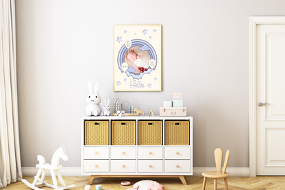  A heartwarming print featuring a custom photo of a newborn baby, surrounded by delicate pastel colors. The baby's name, date of birth, weight, and time of arrival are beautifully displayed beneath the photo. The print is elegantly framed and ready to be cherished as a special keepsake.