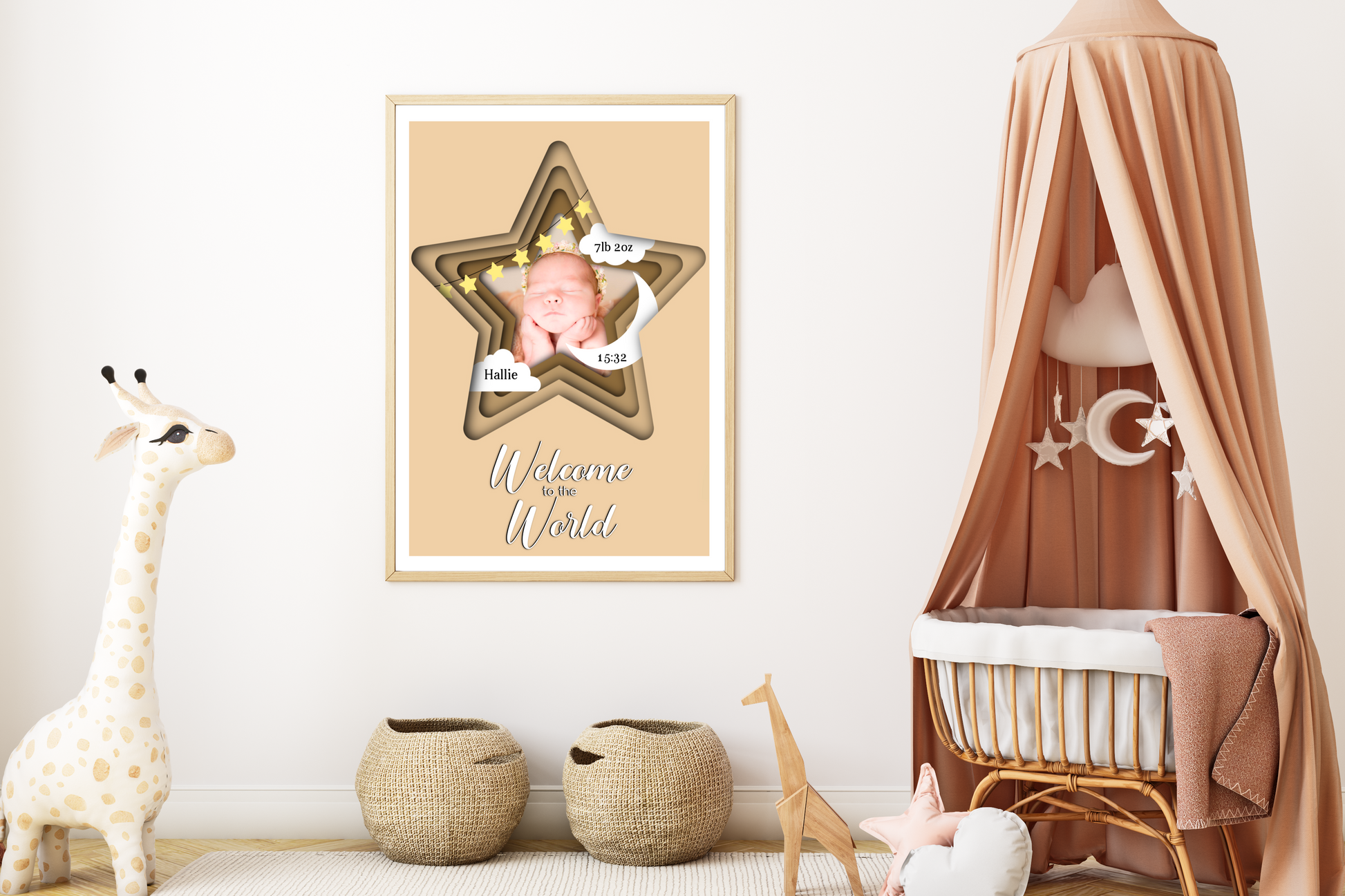  A heartwarming print featuring a custom photo of a newborn baby, surrounded by delicate pastel colors. The baby's name, date of birth, weight, and time of arrival are beautifully displayed beneath the photo. The print is elegantly framed and ready to be cherished as a special keepsake.