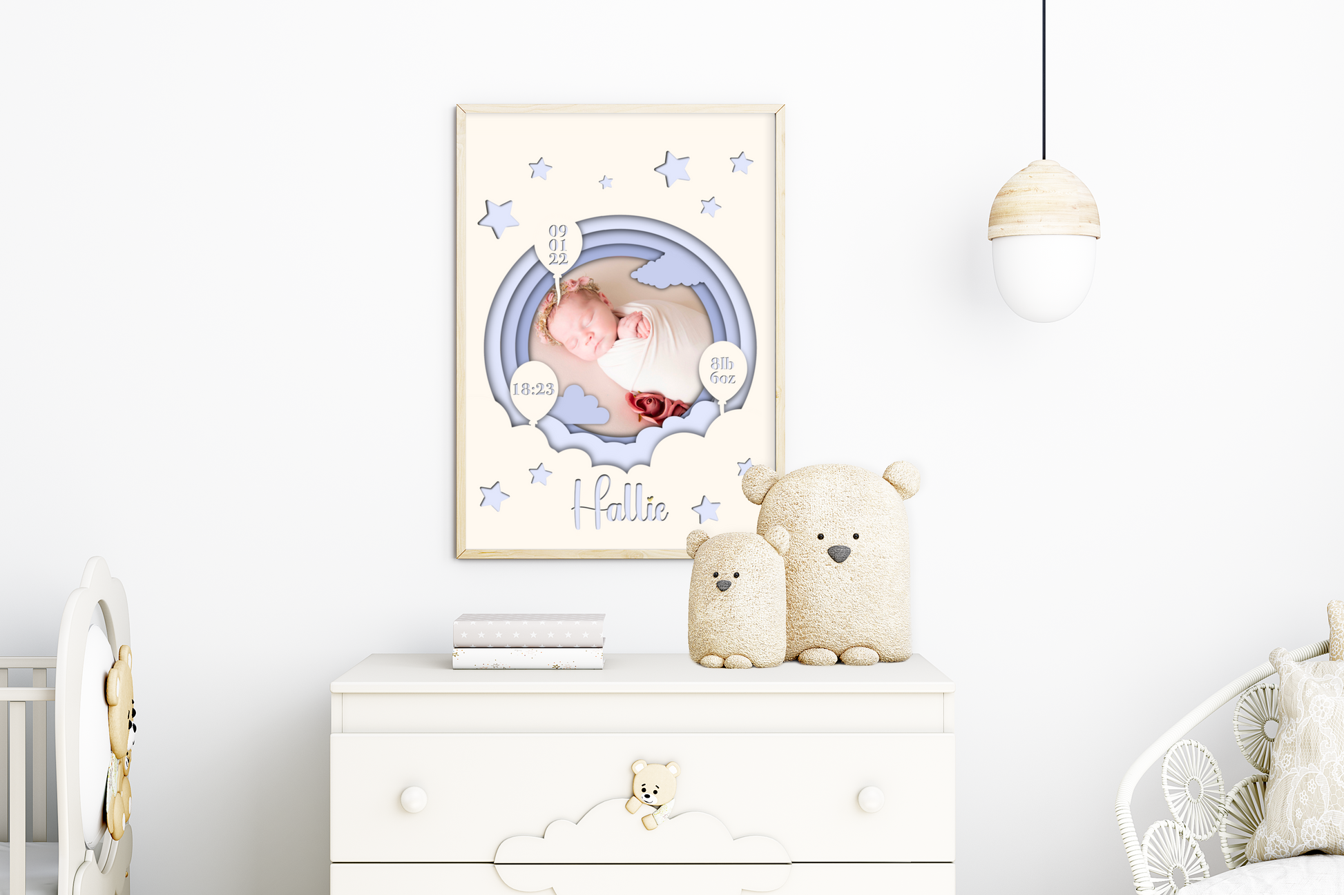  A heartwarming print featuring a custom photo of a newborn baby, surrounded by delicate pastel colors. The baby's name, date of birth, weight, and time of arrival are beautifully displayed beneath the photo. The print is elegantly framed and ready to be cherished as a special keepsake.