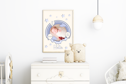  A heartwarming print featuring a custom photo of a newborn baby, surrounded by delicate pastel colors. The baby's name, date of birth, weight, and time of arrival are beautifully displayed beneath the photo. The print is elegantly framed and ready to be cherished as a special keepsake.