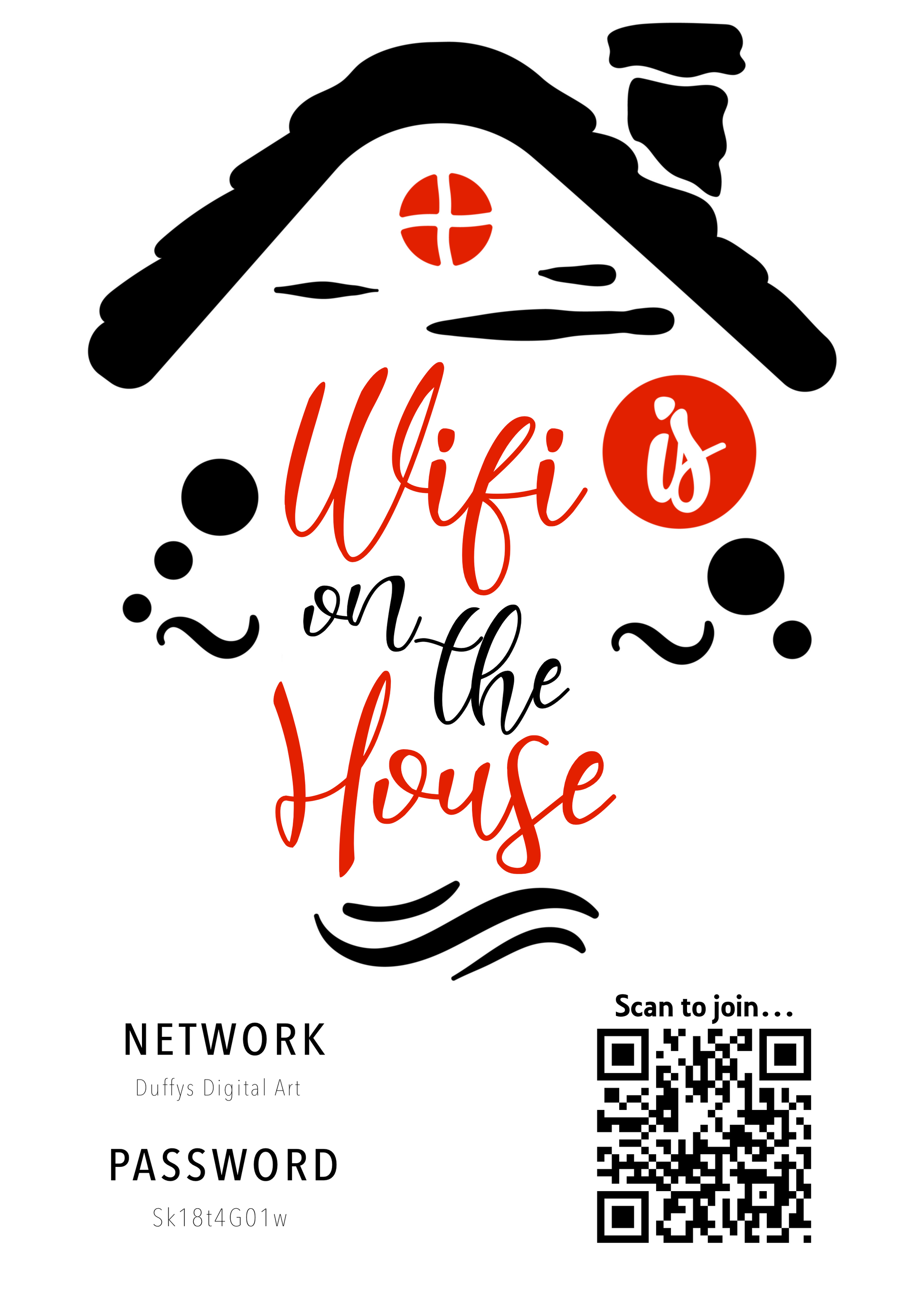 Personalised WiFi Print showcasing a custom QR code and WiFi details, offering a stylish and convenient way to connect to the network.