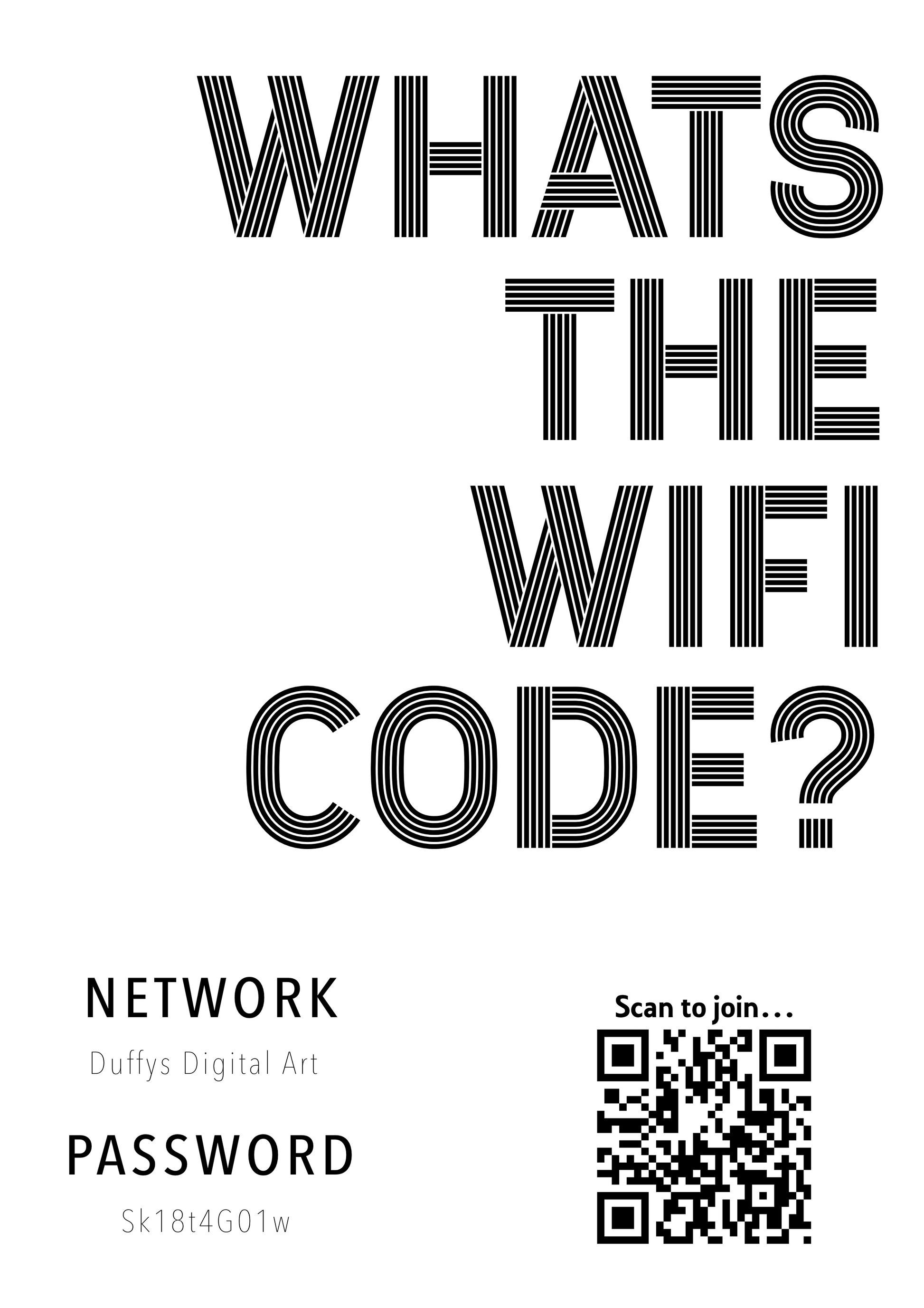 Personalised WiFi Print showcasing a custom QR code and WiFi details, offering a stylish and convenient way to connect to the network.