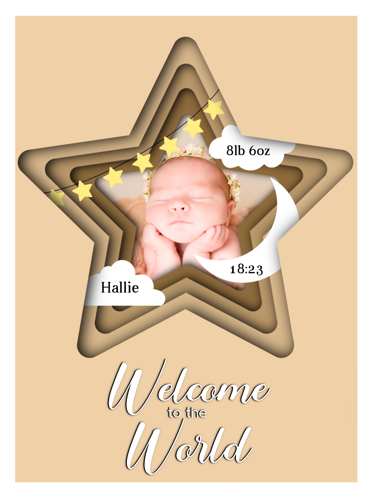  A heartwarming print featuring a custom photo of a newborn baby, surrounded by delicate pastel colors. The baby's name, date of birth, weight, and time of arrival are beautifully displayed beneath the photo. The print is elegantly framed and ready to be cherished as a special keepsake.