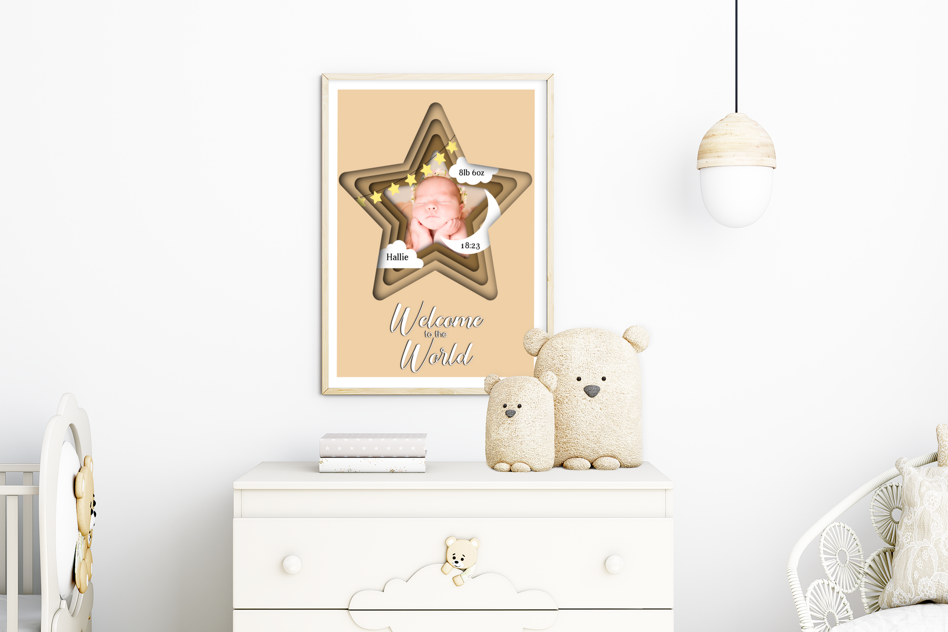  A heartwarming print featuring a custom photo of a newborn baby, surrounded by delicate pastel colors. The baby's name, date of birth, weight, and time of arrival are beautifully displayed beneath the photo. The print is elegantly framed and ready to be cherished as a special keepsake.