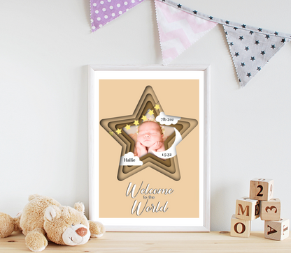  A heartwarming print featuring a custom photo of a newborn baby, surrounded by delicate pastel colors. The baby's name, date of birth, weight, and time of arrival are beautifully displayed beneath the photo. The print is elegantly framed and ready to be cherished as a special keepsake.