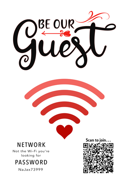 Personalised WiFi Print showcasing a custom QR code and WiFi details, offering a stylish and convenient way to connect to the network.