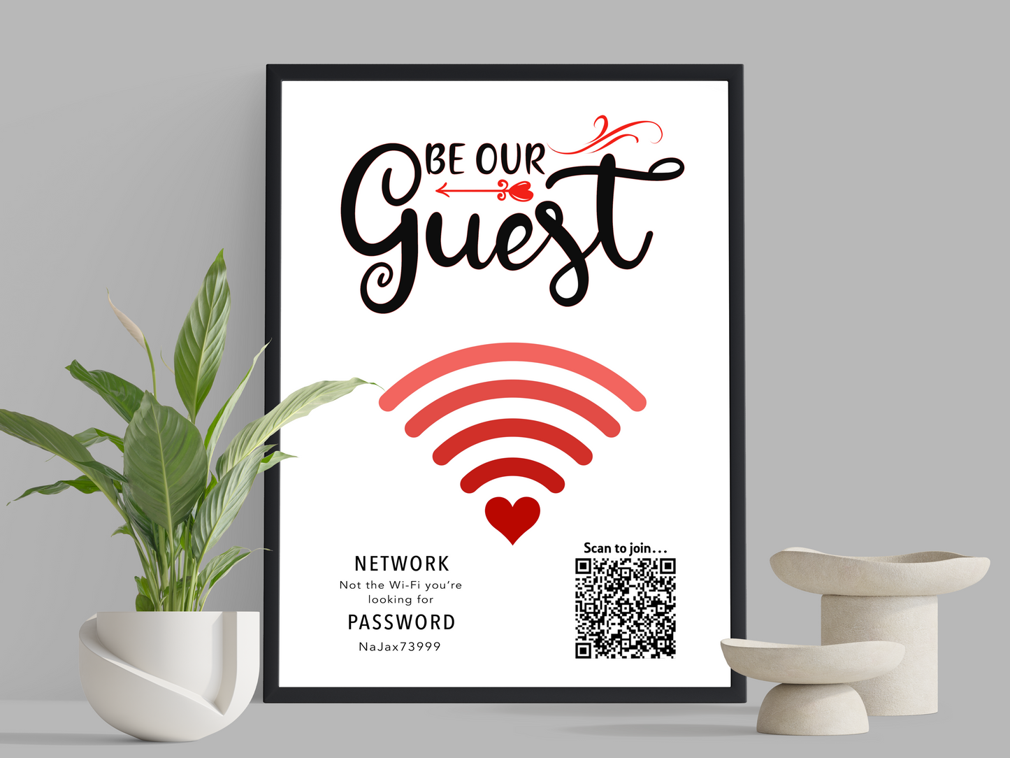 Personalised WiFi Print showcasing a custom QR code and WiFi details, offering a stylish and convenient way to connect to the network.