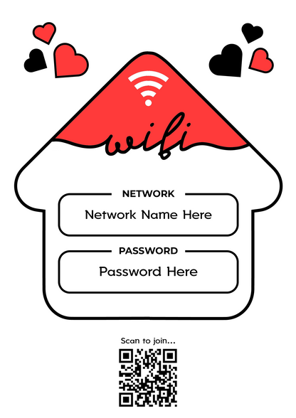 Personalised WiFi Print showcasing a custom QR code and WiFi details, offering a stylish and convenient way to connect to the network.