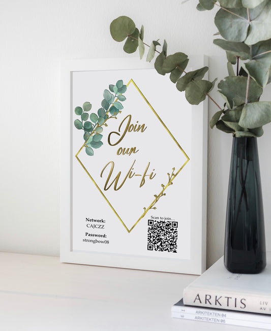 Personalised WiFi Print showcasing a custom QR code and WiFi details, offering a stylish and convenient way to connect to the network.