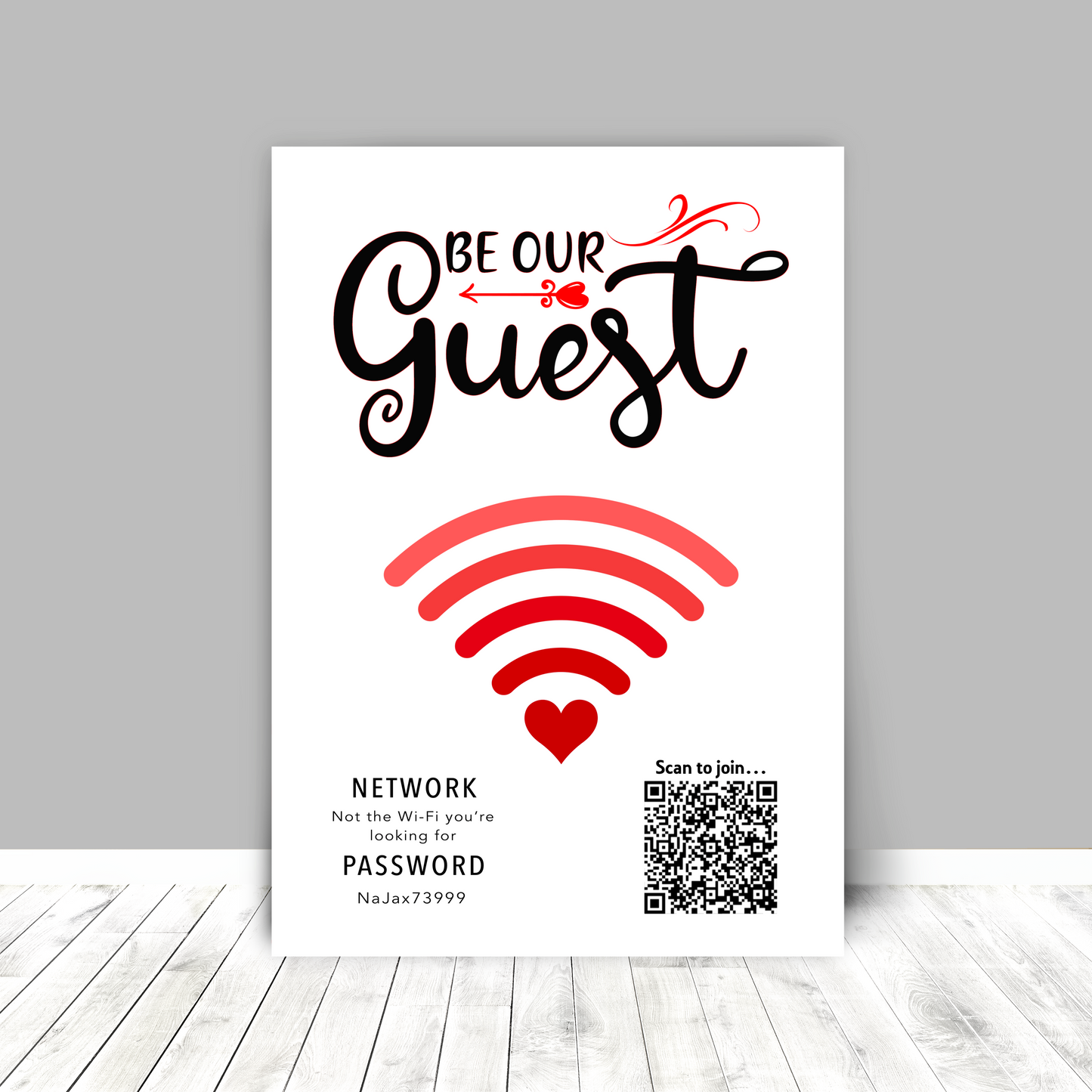 Personalised WiFi Print showcasing a custom QR code and WiFi details, offering a stylish and convenient way to connect to the network.