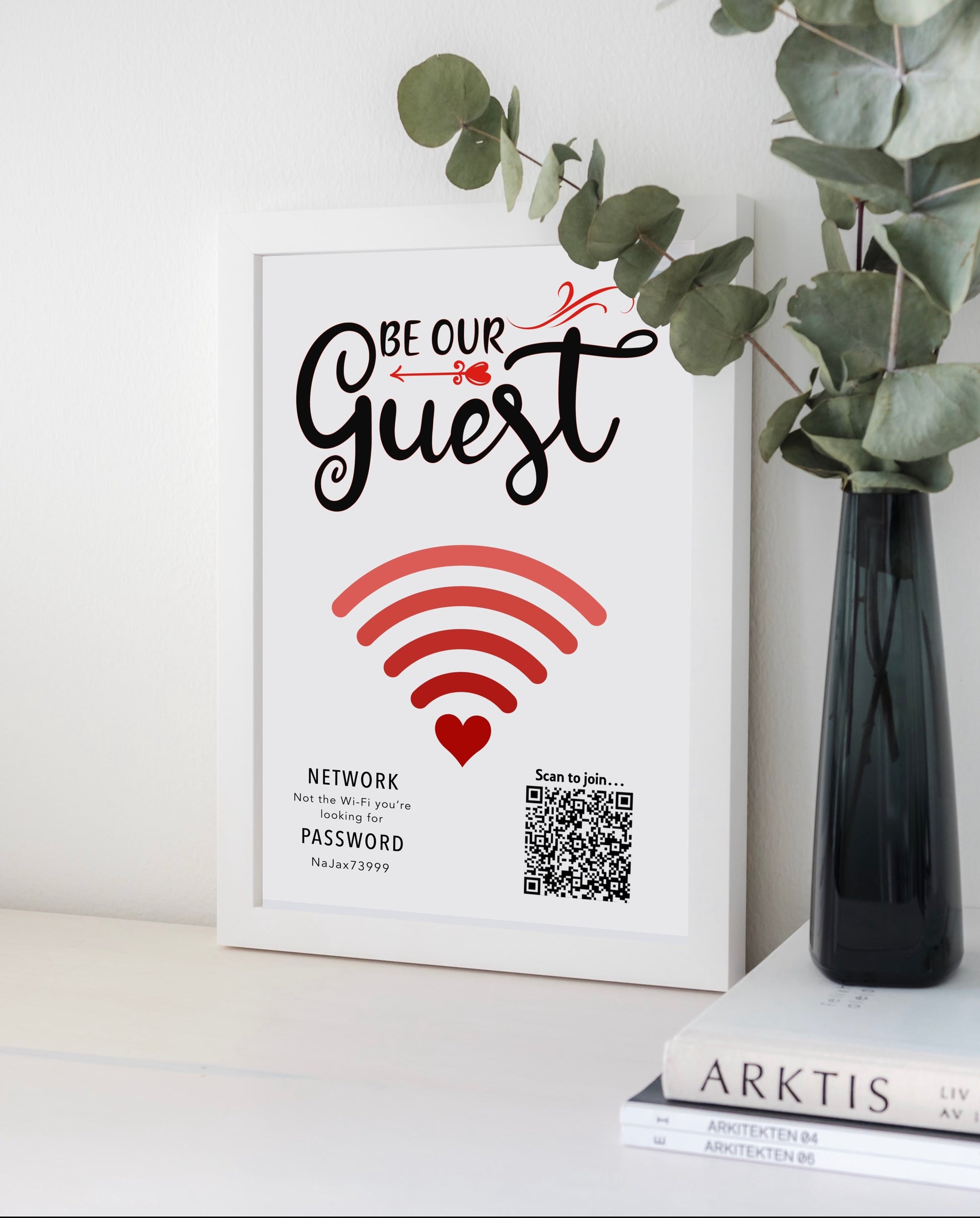 Personalised WiFi Print showcasing a custom QR code and WiFi details, offering a stylish and convenient way to connect to the network.