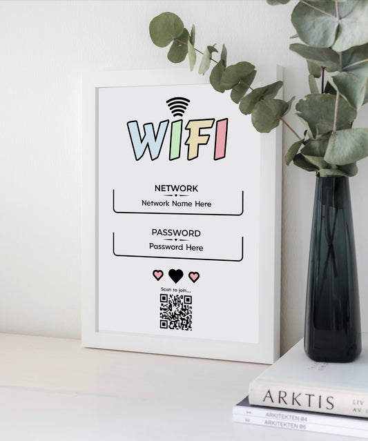 Personalised WiFi Print showcasing a custom QR code and WiFi details, offering a stylish and convenient way to connect to the network.