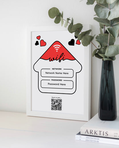 Personalised WiFi Print showcasing a custom QR code and WiFi details, offering a stylish and convenient way to connect to the network.