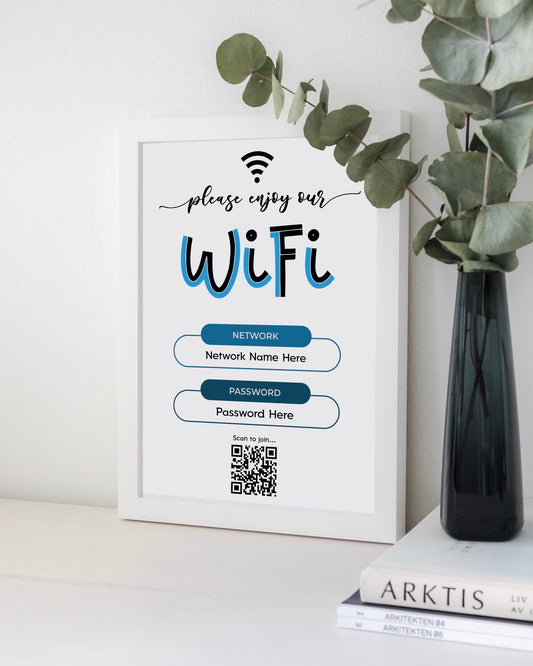 Personalised WiFi Print showcasing a custom QR code and WiFi details, offering a stylish and convenient way to connect to the network.