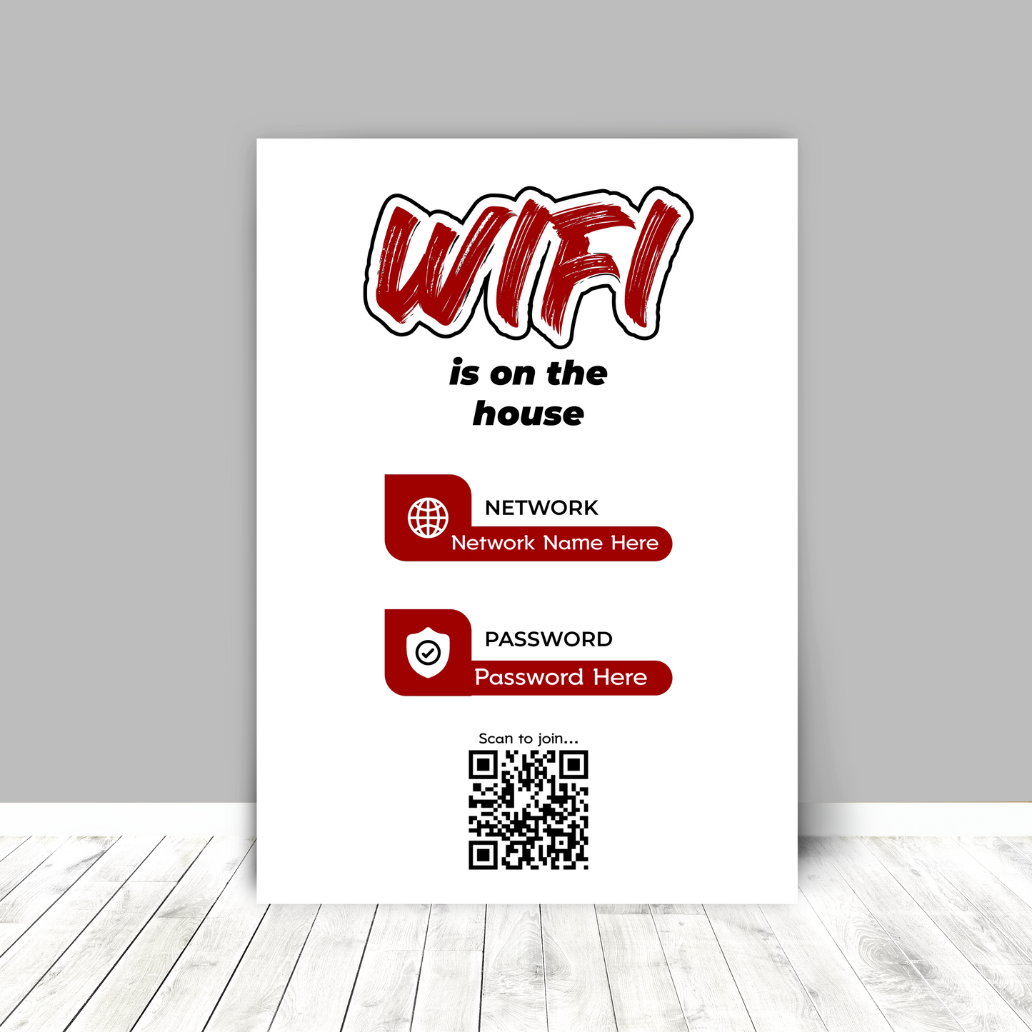 Personalised WiFi Print showcasing a custom QR code and WiFi details, offering a stylish and convenient way to connect to the network.