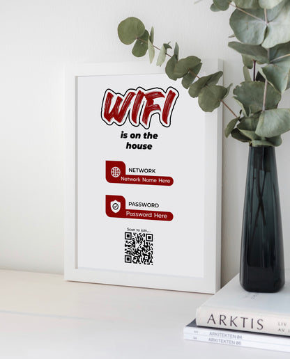 Personalised WiFi Print showcasing a custom QR code and WiFi details, offering a stylish and convenient way to connect to the network.