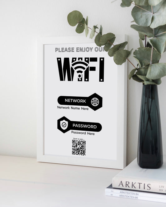 Personalised WiFi Print showcasing a custom QR code and WiFi details, offering a stylish and convenient way to connect to the network.