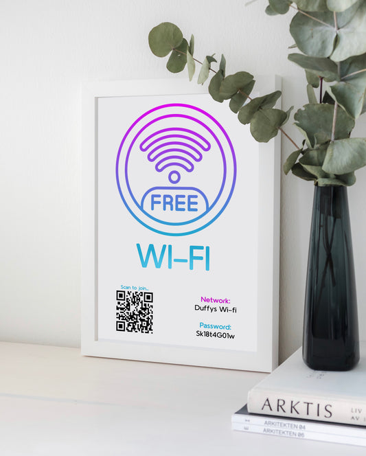 Personalised WiFi Print showcasing a custom QR code and WiFi details, offering a stylish and convenient way to connect to the network.