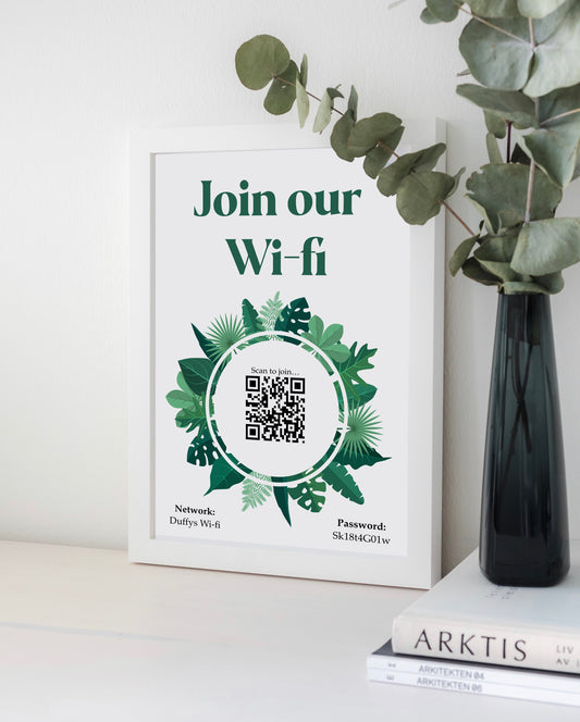 Personalised WiFi Print showcasing a custom QR code and WiFi details, offering a stylish and convenient way to connect to the network.