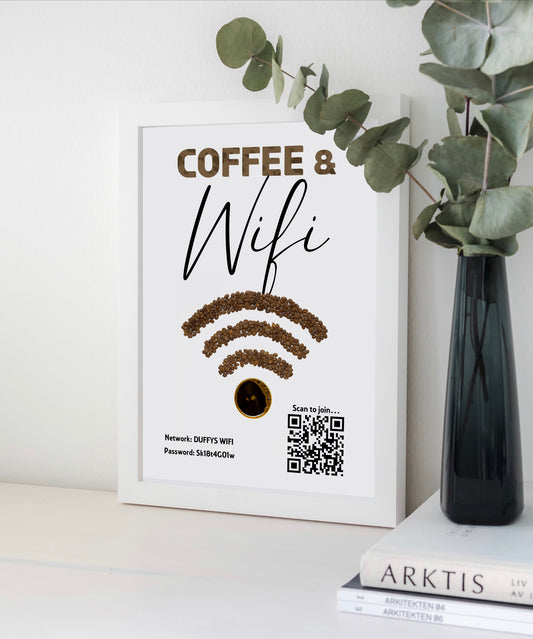 Personalised WiFi Print showcasing a custom QR code and WiFi details, offering a stylish and convenient way to connect to the network.