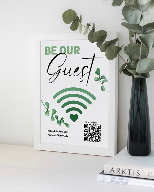 Personalised WiFi Print showcasing a custom QR code and WiFi details, offering a stylish and convenient way to connect to the network.