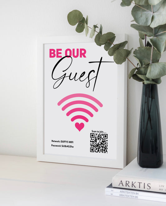 Personalised WiFi Print showcasing a custom QR code and WiFi details, offering a stylish and convenient way to connect to the network.